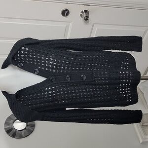 Gray Collective Black Open Knit Wide Flap Collar Deep V Sweater Size M